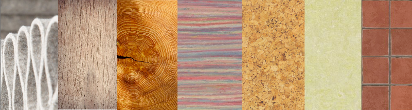bunter Mix aus verschiedenen Naturmaterialien, wie Wollfilz, Holz, Linoleum, Kork und Terracotta