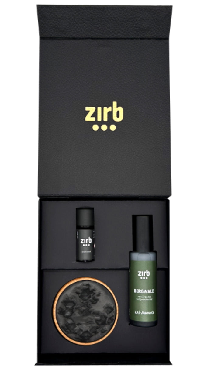 Geschenkbox von zirb. mit 3 Artikel; Öl, Spray und Stein