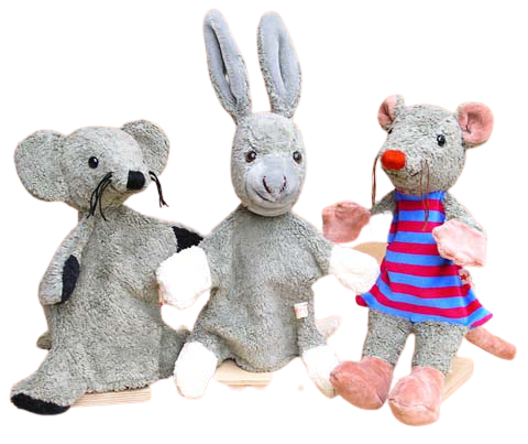 Kallisto Esel, in der Mitte a.d. Bild, zwischen Maus und Ratte,Handpuppe, grau, ca. 30 cm