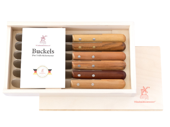 Buckels-Box, Set von 6 Frühstücks- und Brotzeitmessern, mit Griffen von verschiedenen Hölzern und rostfreien Klingen