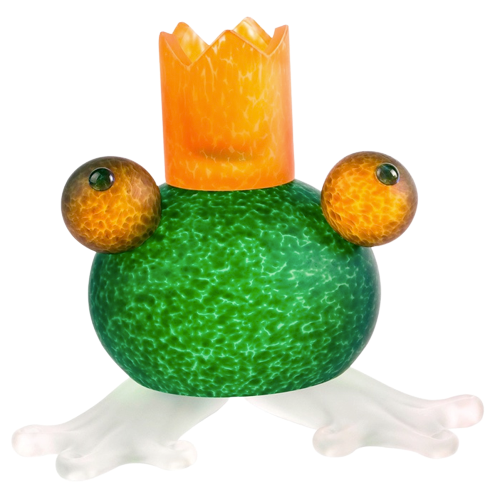Frosch Kerzenleuchter von Borowski, mundgeblasenes Glas, ca. 14 x 14 x 14cm, grün, orangefarbene Krone