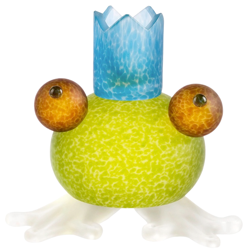Frosch Kerzenleuchter von Borowski, mundgeblasenes Glas, ca. 14 x 14 x 14cm, zitro, hellblaue Krone