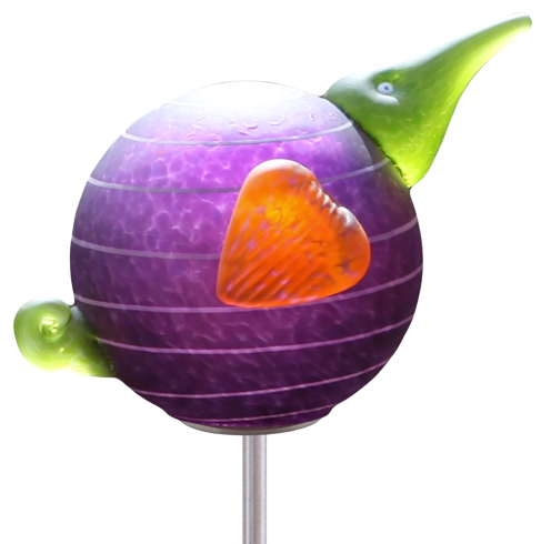 Kiwi Stick Außenskulptur von Borowski, 135 x 18 x 11 cm, mundgeblasenes Glas, Metall, violett, grüner Schnabel u. Schweif, orangefarbene Flügel
