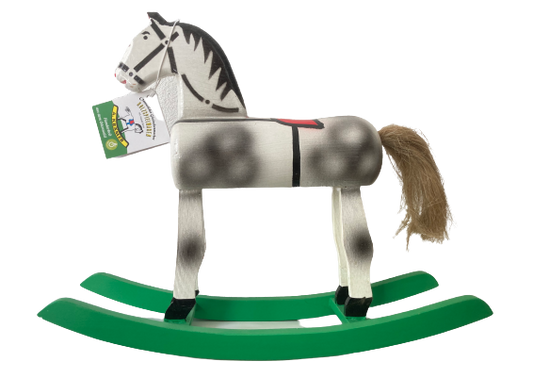 Holzpferd Odenwälder Gäulsches, mit Kufen, Apfelschimmel, mit aufgemaltem Sattel