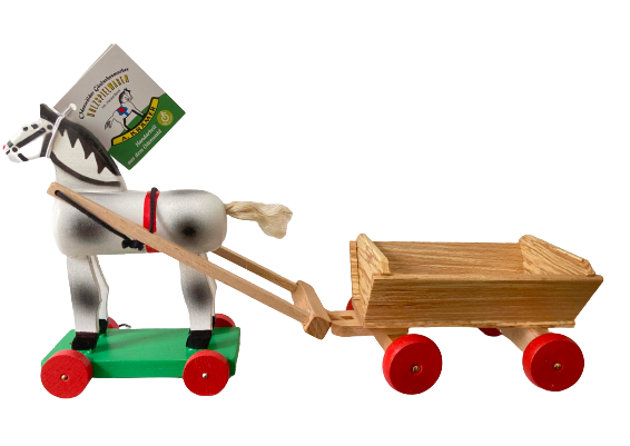 Holzpferd mit Wagen Odenwälder Gäulsches, mit Rollen, Apfelschimmel, mit aufgemaltem Bauchgurt