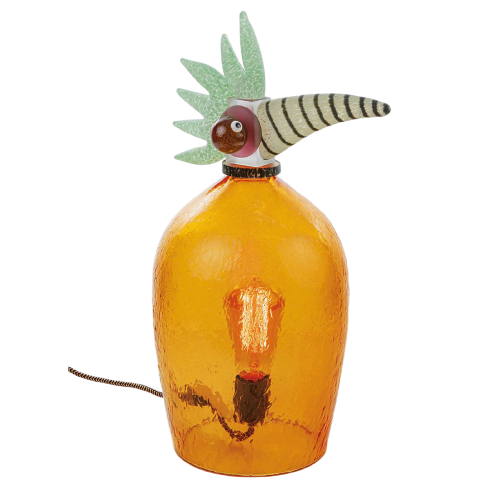 Yoko Tischleuchte, mundgeblasen, von Borowski, Vogel, bernsteinfarben, grüner Kamm, schwarz-beige-gestreifter Schnabel, Retroleuchte im Inneren, schwarz-weißes Textilkabel, Ausstellungsstück