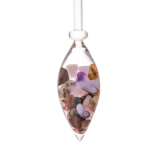 Vitajuwel Five Elements EDELSTEINPHIOLE aus Borosilikatglas, Länge ca. 35cm., Durchmesser ca. 5cm, mit Edelsteinen: Amethyst, Chalcedon, Oceanachat, Rosenquarz, Versteinertes Holz