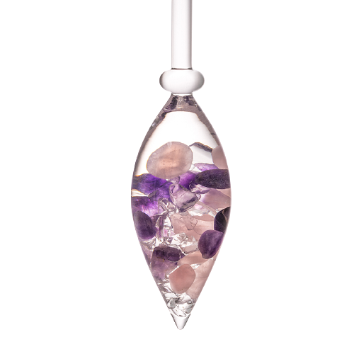 Vitajuwel Wellness EDELSTEINPHIOLE aus Borosilikatglas, Länge ca. 35cm., Durchmesser ca. 5cm, mit Edelsteinen: Amethyst, Bergkristall, Rosenquarz