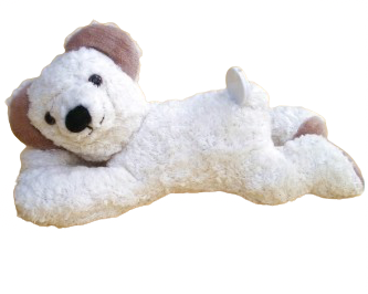 liegender Kuschelbär mit weißen Fell und mit Spieluhr "Der Mond ist aufgegangen"