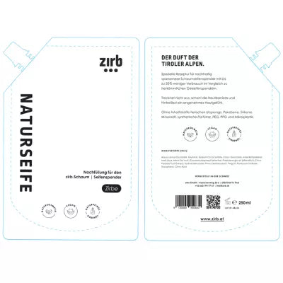 Beschriftung des Nachfüllpacks der Naturseife von Zirb.