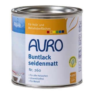AURO Buntlack und Weißlack, glänzend, Aqua Nr. 250 und seidenmatt, Aqua Nr. 260
