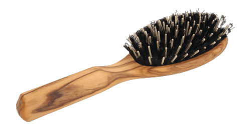 Haarbürste aus geöltem Olivenholz, mit schöner Maserung, von Redecker, mit schwarzen Wildschweinborsten und antistatischen Holzstiften, Größe: 21,5 cm 