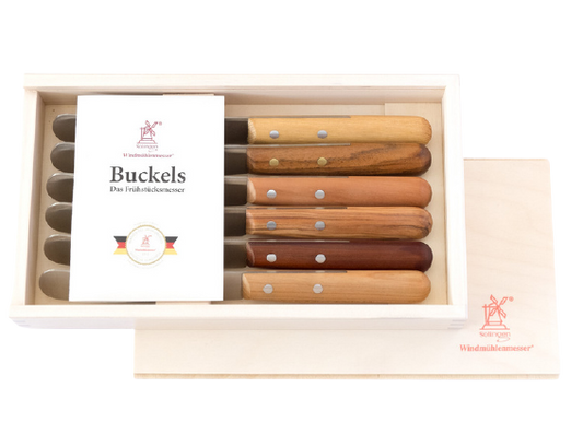 Buckels-Box, Set von  6 Frühstücks- und Brotzeitmessern, mit Griffen von verschiedenen Hölzern und rostfreien Klingen